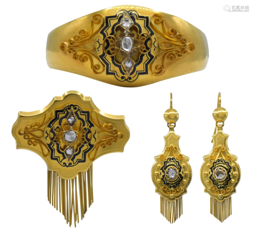 18 Karat Gold, Diamond, & Enamel Jewelry Set
