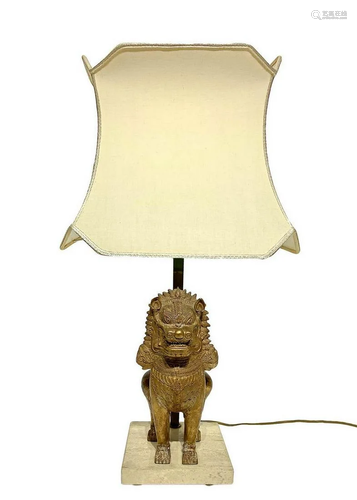 Lamp with marble base and Phoe dog in bronze and fabric