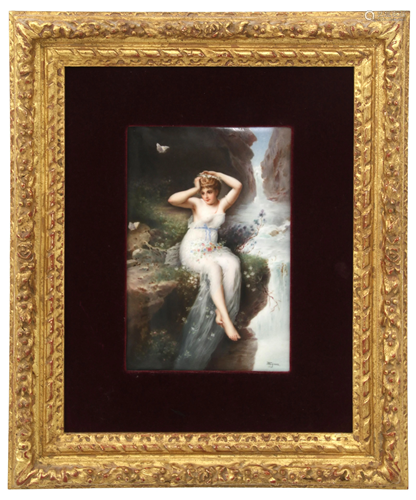 KPM Porcelain Plaque of a Woman by a Waterfall