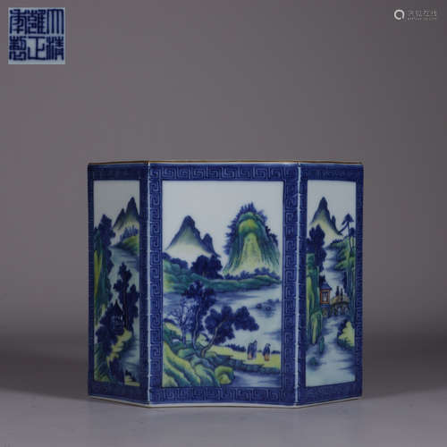 chinese blue and white porcelain hexagonal brush pot