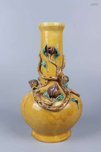 chinese yellow glazed engraved peach porcelain vase