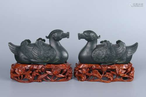 pair of chinese hetian gray jade mandarin ducks