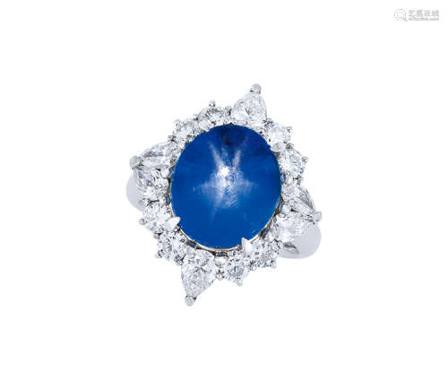 11.68卡拉「斯里蘭卡」星光藍寶石配鑽石戒指鑲鉑金