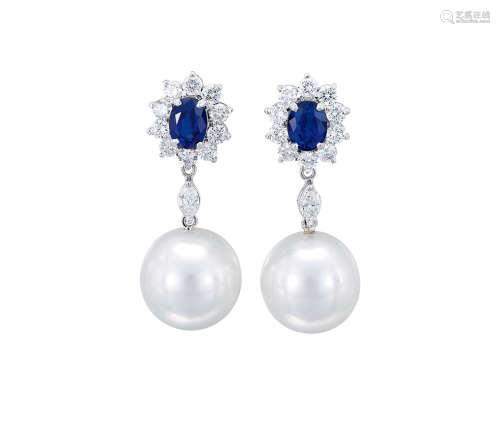 藍寶石、珍珠配鑽石耳環鑲18K白金(2)