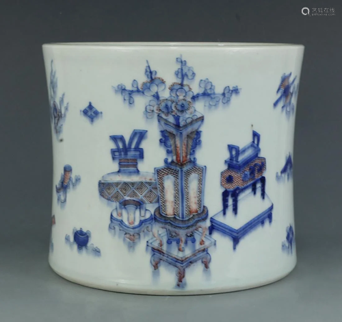 Blue and white Chinese porcelain brushpot with iron red