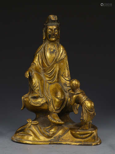 GILT BRONZE GUANYIN BUDDHA STATUE