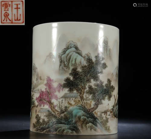 FAMILLE ROSE GLAZE BRUSH POT PAINTED WITH LANDSCAPE