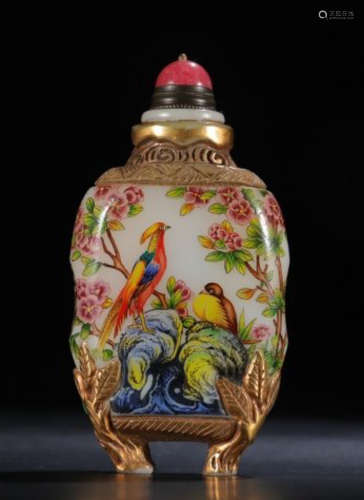 GLASS SNUFF BOTTLE PAINTED WITH FLOWER&BIRD