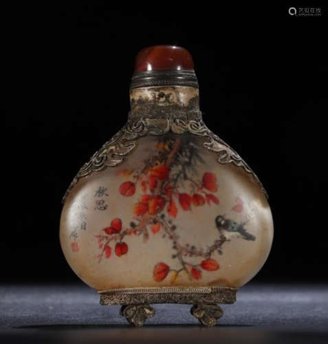 GLASS SNUFF BOTTLE PAINTED WITH FLOWER&BIRD