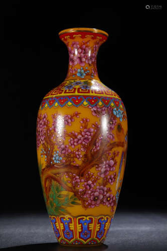 GLASS VASE PAINTED WITH BIRD&FLOWER