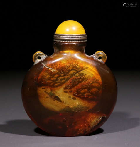 AMBER SNUFF BOTTLE PAINTED WITH LANDSCAPE