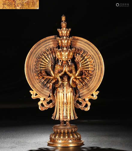 DAMINGYONGLENIANSHI MARK GILT BRONZE GUANYIN BUDDHA STATUE