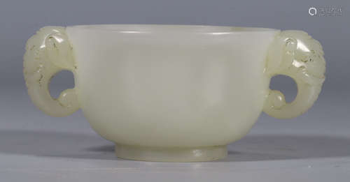 HETIAN WHITE JADE CUP WITH BEAST EARS