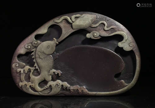 INK SLAB CARVED WITH FISH&COIN