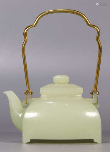 HETIAN WHITE JADE POT WITH GILT BRONZE HANDLE