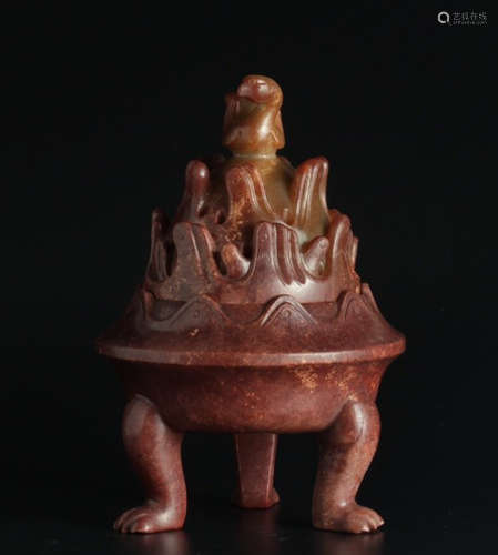 ANTIQUE JADE CENSER CARVED WITH BIRD