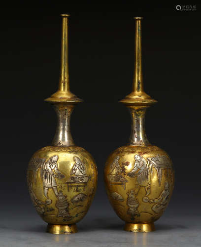 PAIR OF GILT SILVER VASE CARVED WITH STORY