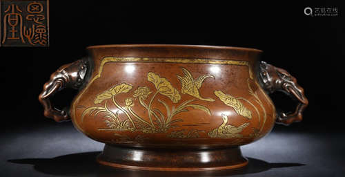 XUEDE MARK COPPER CENSER CARVED WITH LOTUS