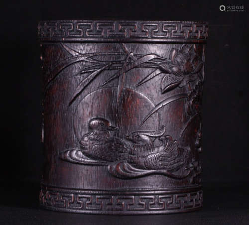 CHENXIANG WOOD BRUSH POT CARVED WITH DUCK