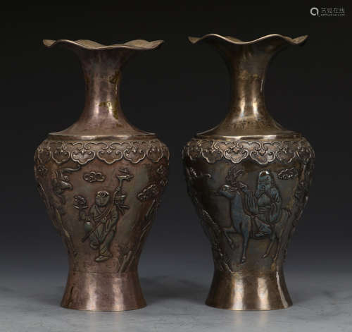 PAIR OF GILT SILVER VASE CARVED WITH STORY