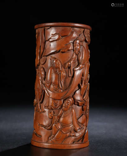 HUANGYANG WOOD BRUSH POT CARVED WITH STORY