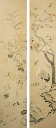 CHINESE EMBROIDERED SILK SCROLLS IN PAIR, FRAMED