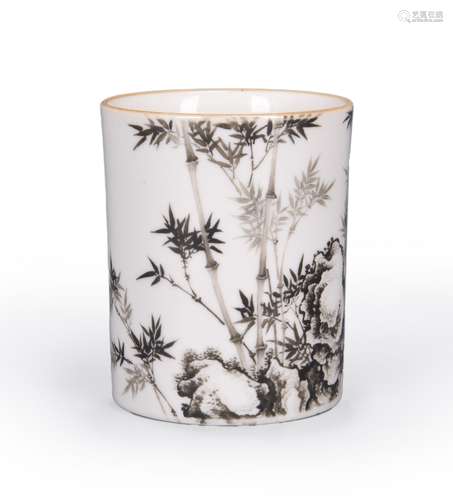 An ink colored bamboo porcelain brush pot