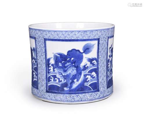 A blue and white beast porcelain brush pot