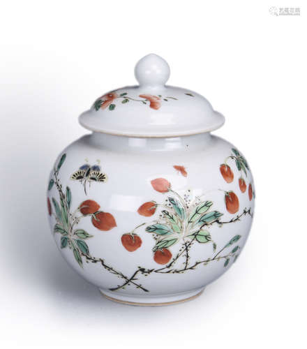 A multicolored flower and butterfly porcelain jar