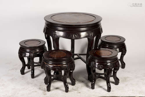 A Set of Rosewood Tea Table and Four Stools