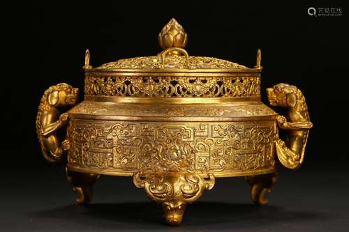 A kui dragon gilding copper incense burner with double lion-...