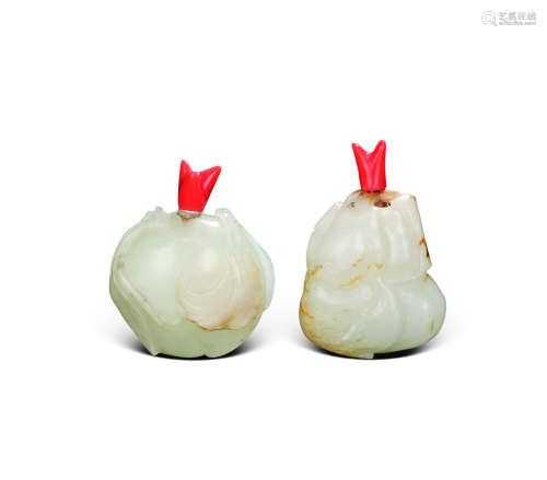 A pair of white jade peach shaped snuff bottles
