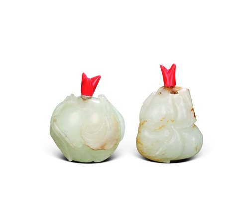 A pair of white jade peach shaped snuff bottles