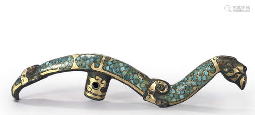 A copper turquoise-inlaid crutch hand