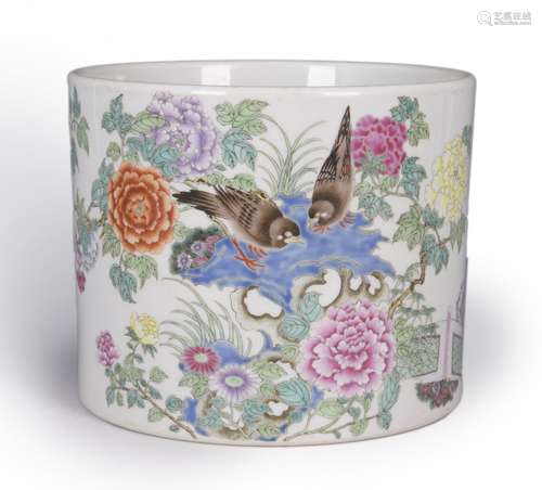 A famille rose bird and flower porcelain brush pot