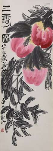 A Chinese peach painting, Qi Baishi mark