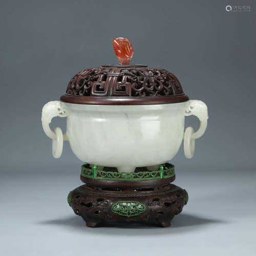 A CARVED WHITE JADE CENSER WITH WOODEN STAND AND COVER