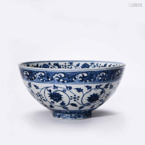 A BLUE AND WHITE LOTUS SCROLLS BOWL