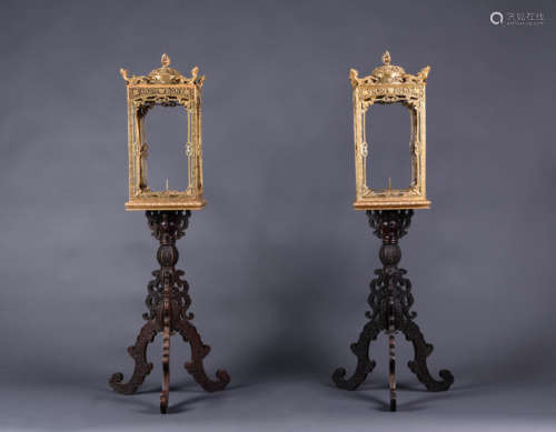 PAIR GILT BRONZE WOODEN PALACE LAMPS