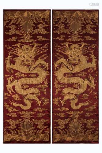 A PAIR OF  EMBROIDERED DRAGON PANELS