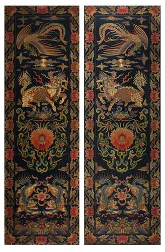 A PAIR OF  EMBROIDERED KYLIN PANELS