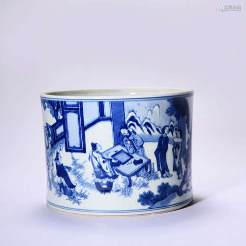 A BLUE AND WHITE FIGURAL BRUSH-POT