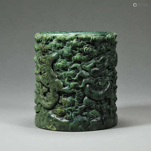 A CARVED SPINACH GREEN JADE DRAGON BRUSHPOT