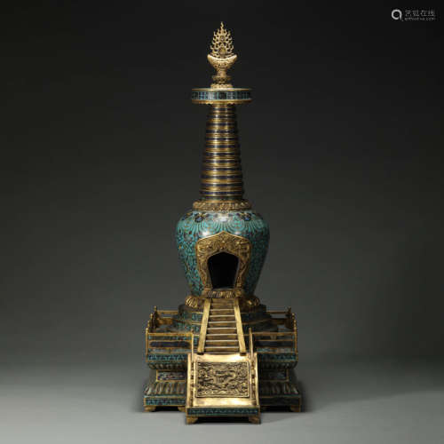 A CLOISONNE ENAMEL BRONZE STUPA