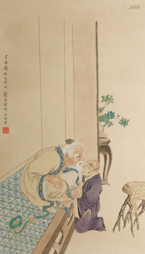 A CHINESE PAINTING OF OLD MAN WITH MONKEY