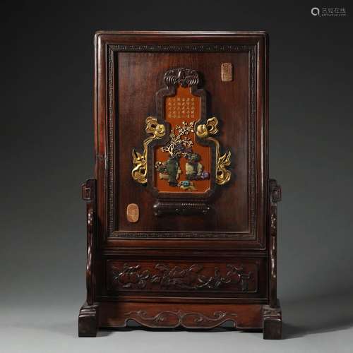 A GEMSTONES INLAID ROSEWOOD TABLE SCREEN