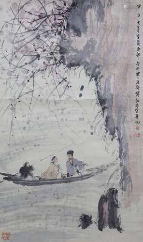 A CHINESE PAINTING OF FIGURES ON BOAT