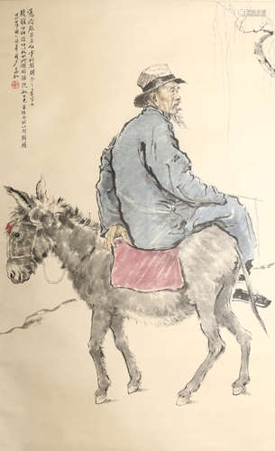 A CHINESE PAINTING OF MAN ON DONKEY