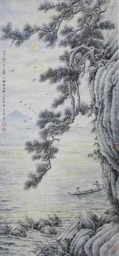 A CHINESE PAINTING OF LANDSCAPE AT NIGHT