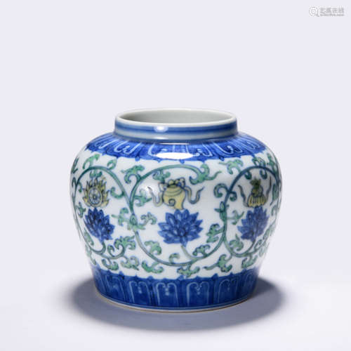 A DOUCAI GLAZED LOTUS SCROLLS JAR